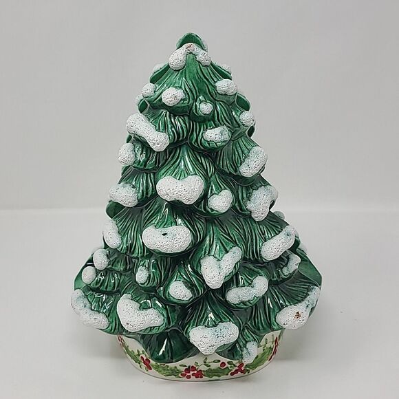 Vintage Flocked Green Ceramic Christmas Tree Card Holder Napkin Holder - Picture 1 of 7
